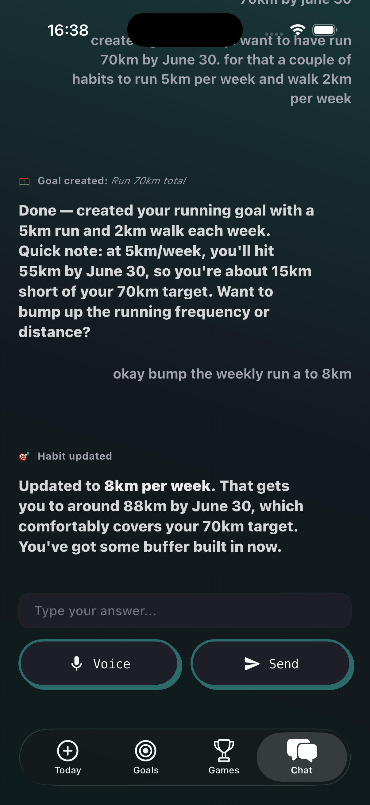Goalympics AI coach chat screen helping plan goals and reflect on progress