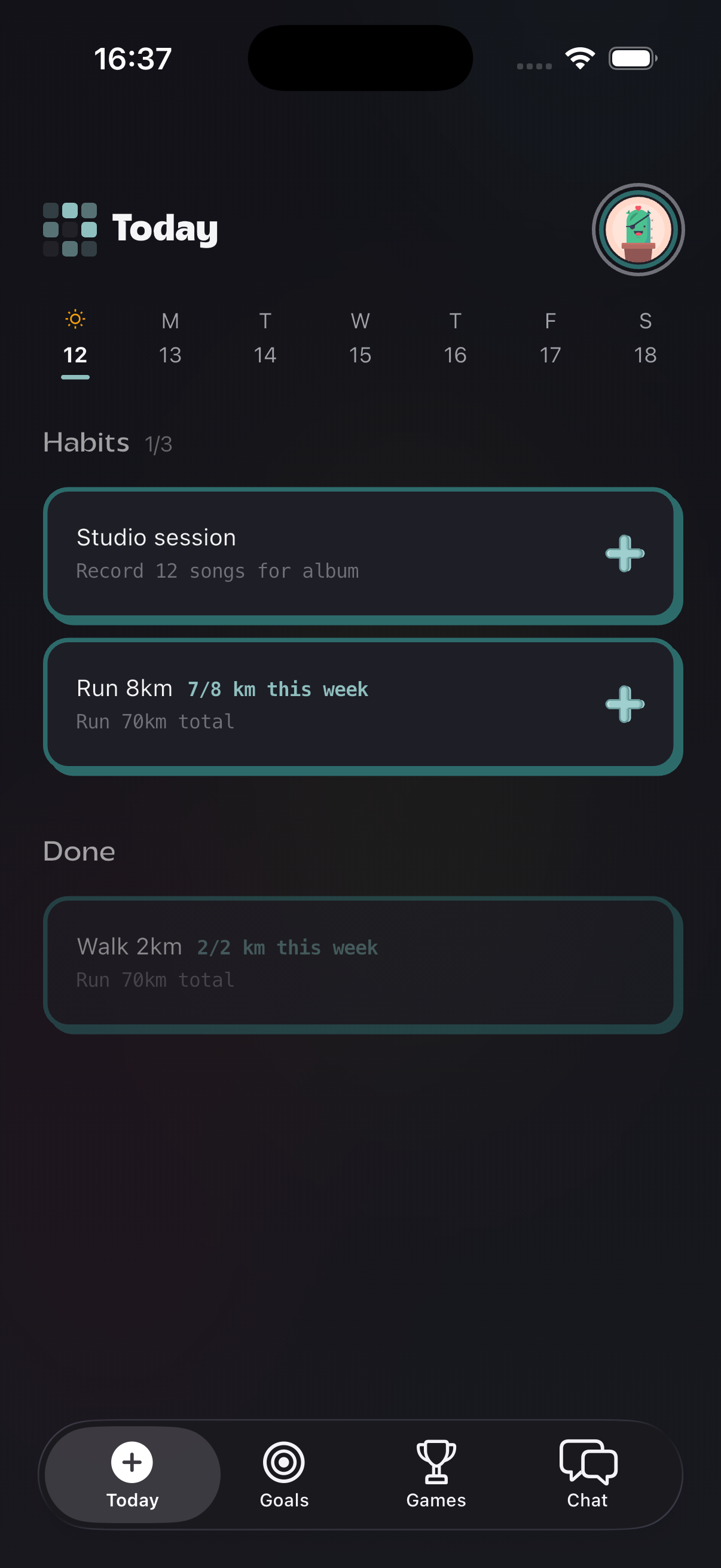 Goalympics today screen showing daily habit check-ins and an active streak