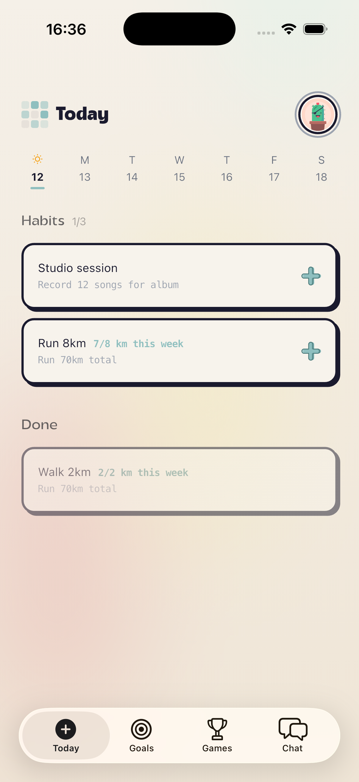 Goalympics today screen showing daily habit check-ins and an active streak
