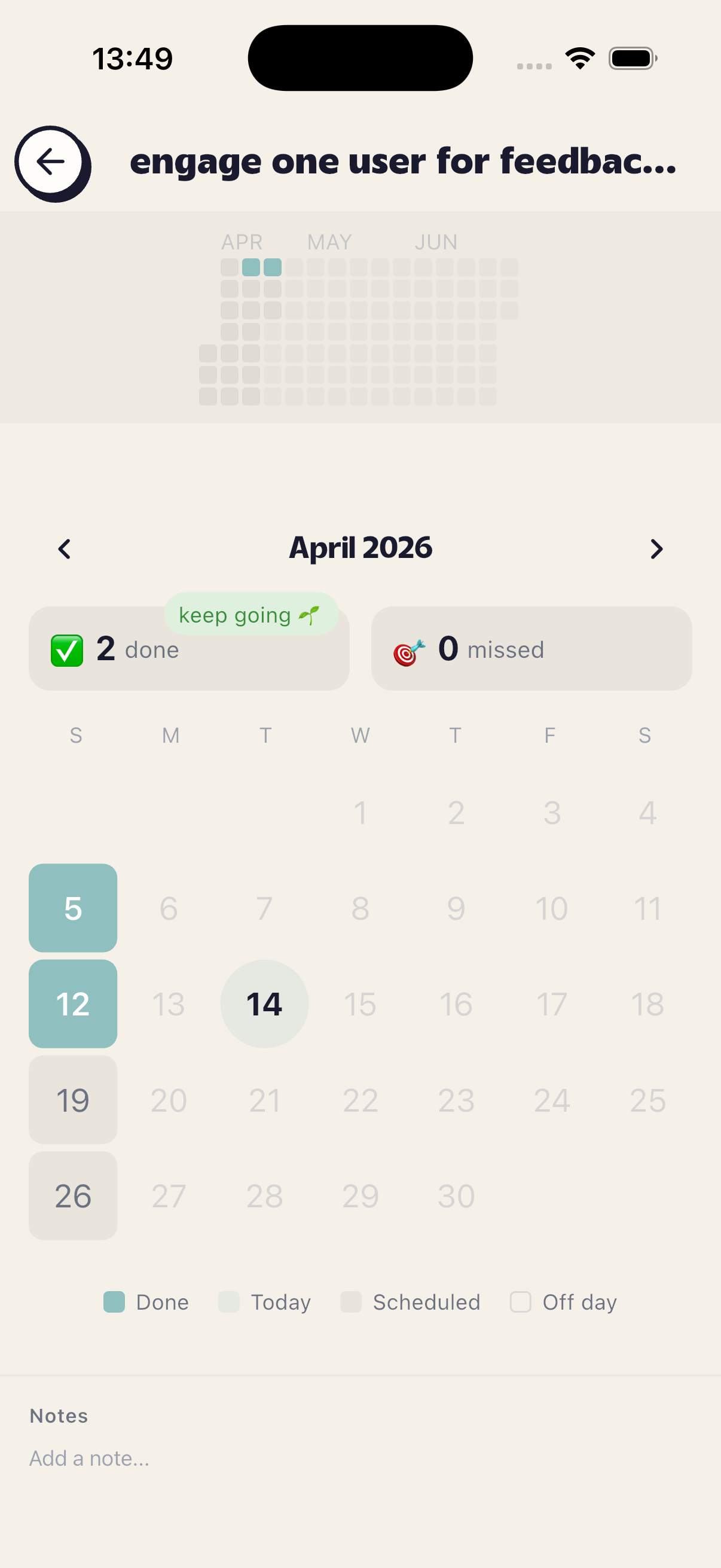 Goalympics calendar heatmap visualising daily habit check-ins and streaks